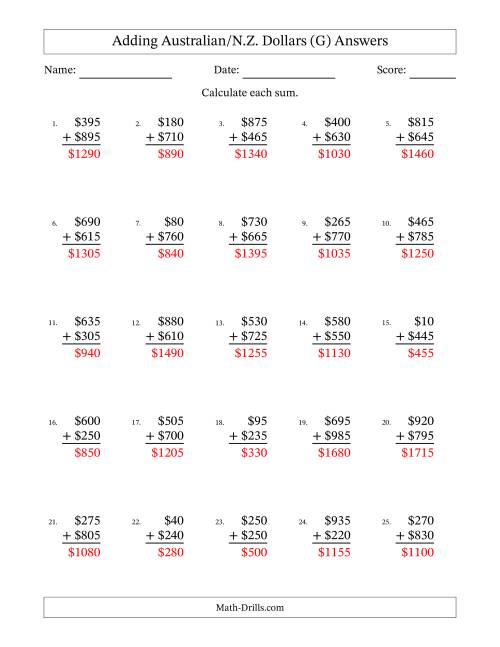 The Adding Australian/N.Z. Dollars With Amounts from 5 to 995 in Increments of Five Dollars (G) Math Worksheet Page 2