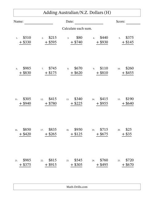 The Adding Australian/N.Z. Dollars With Amounts from 5 to 995 in Increments of Five Dollars (H) Math Worksheet