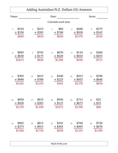 The Adding Australian/N.Z. Dollars With Amounts from 5 to 995 in Increments of Five Dollars (H) Math Worksheet Page 2