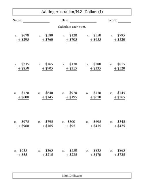 The Adding Australian/N.Z. Dollars With Amounts from 5 to 995 in Increments of Five Dollars (I) Math Worksheet