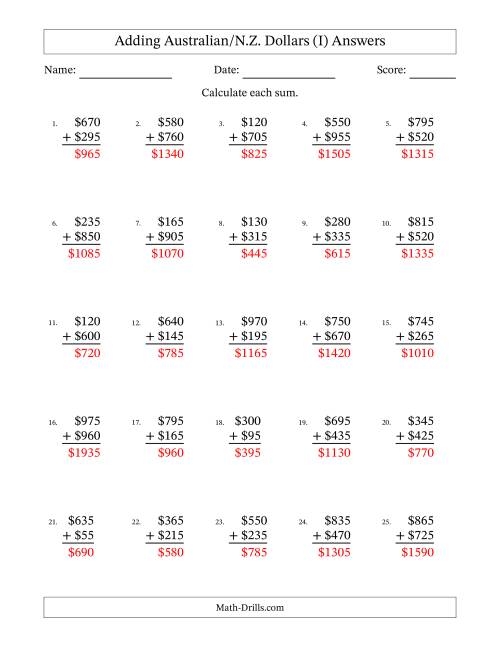 The Adding Australian/N.Z. Dollars With Amounts from 5 to 995 in Increments of Five Dollars (I) Math Worksheet Page 2