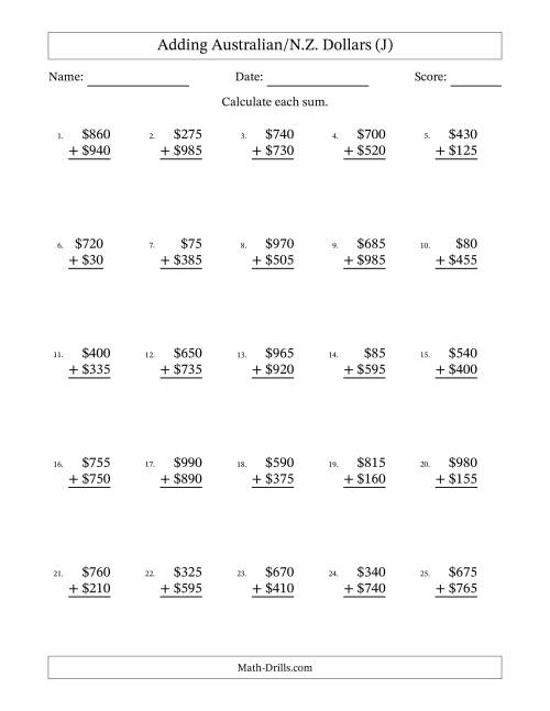 The Adding Australian/N.Z. Dollars With Amounts from 5 to 995 in Increments of Five Dollars (J) Math Worksheet