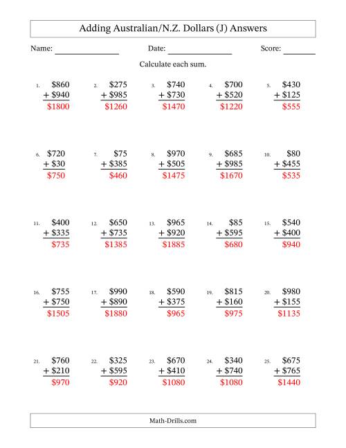 The Adding Australian/N.Z. Dollars With Amounts from 5 to 995 in Increments of Five Dollars (J) Math Worksheet Page 2