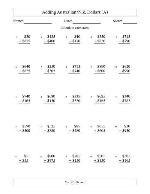 The Adding Australian/N.Z. Dollars With Amounts from 5 to 995 in Increments of Five Dollars (All) Math Worksheet