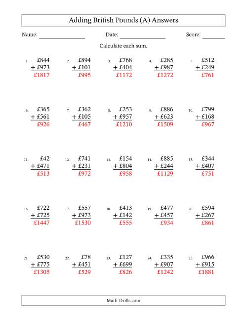 The Adding British Pounds With Amounts from 1 to 999 in Increments of One Pound (A) Math Worksheet Page 2