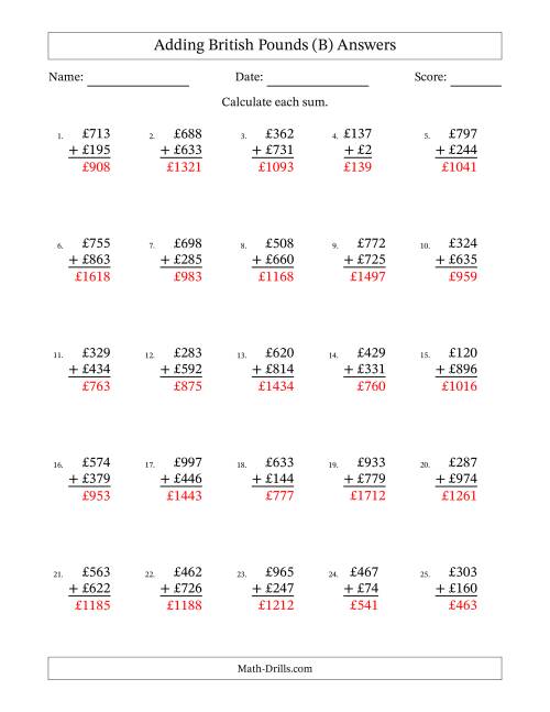 The Adding British Pounds With Amounts from 1 to 999 in Increments of One Pound (B) Math Worksheet Page 2