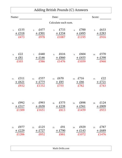 The Adding British Pounds With Amounts from 1 to 999 in Increments of One Pound (C) Math Worksheet Page 2