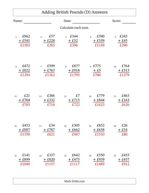 The Adding British Pounds With Amounts from 1 to 999 in Increments of One Pound (D) Math Worksheet Page 2