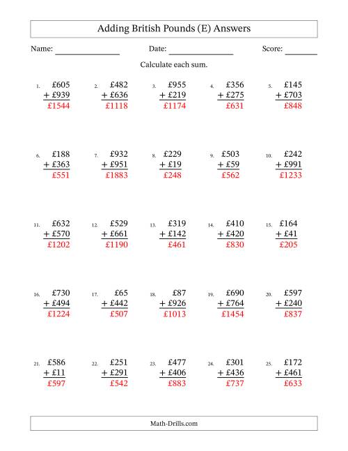 The Adding British Pounds With Amounts from 1 to 999 in Increments of One Pound (E) Math Worksheet Page 2