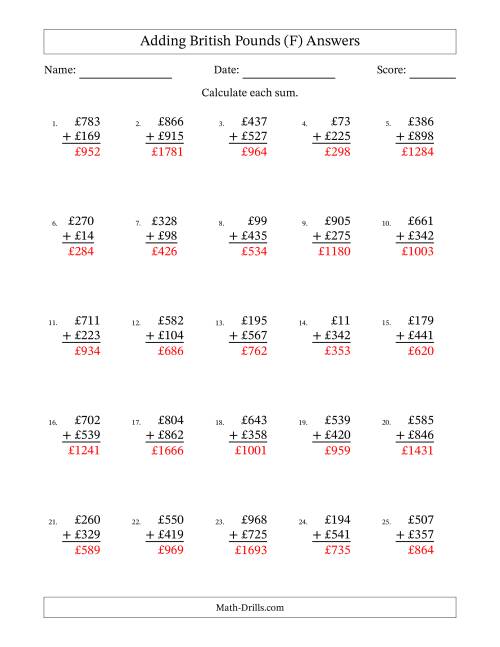 The Adding British Pounds With Amounts from 1 to 999 in Increments of One Pound (F) Math Worksheet Page 2