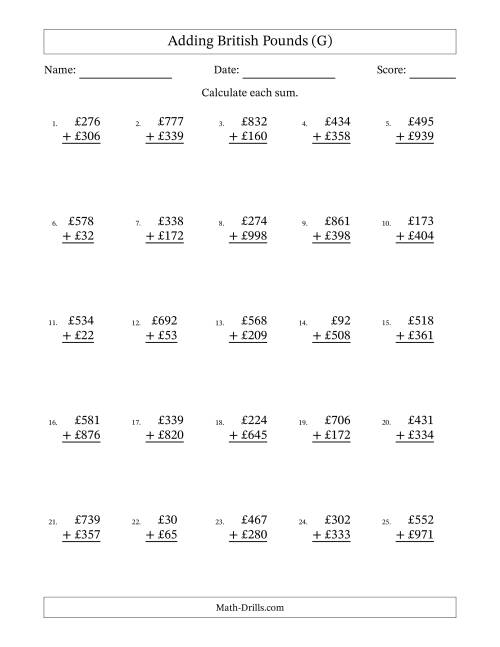 The Adding British Pounds With Amounts from 1 to 999 in Increments of One Pound (G) Math Worksheet