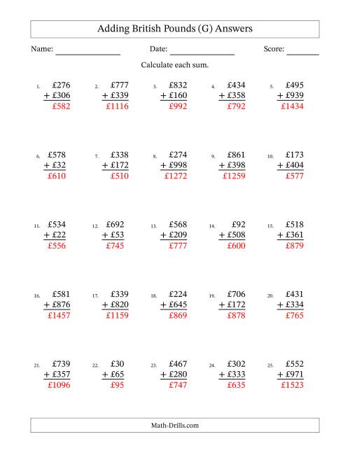 The Adding British Pounds With Amounts from 1 to 999 in Increments of One Pound (G) Math Worksheet Page 2