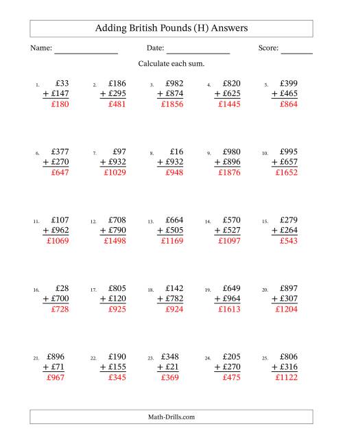 The Adding British Pounds With Amounts from 1 to 999 in Increments of One Pound (H) Math Worksheet Page 2