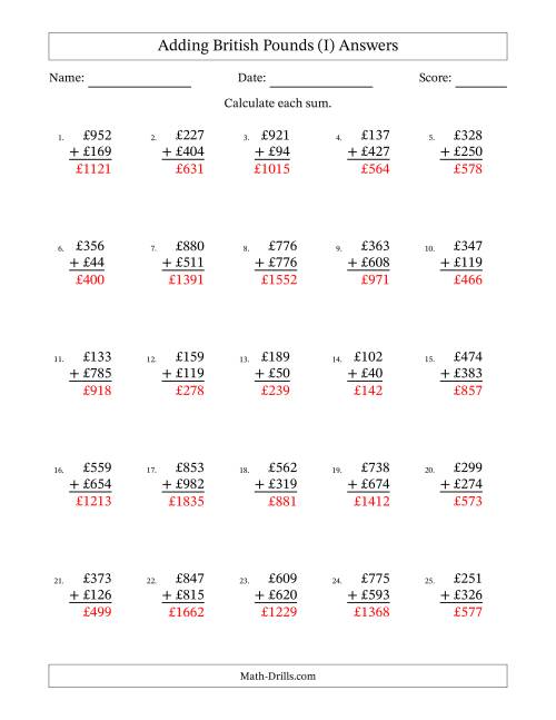 The Adding British Pounds With Amounts from 1 to 999 in Increments of One Pound (I) Math Worksheet Page 2