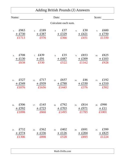 The Adding British Pounds With Amounts from 1 to 999 in Increments of One Pound (J) Math Worksheet Page 2