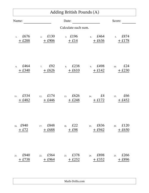 The Adding British Pounds With Amounts from 2 to 998 in Increments of Two Pounds (A) Math Worksheet