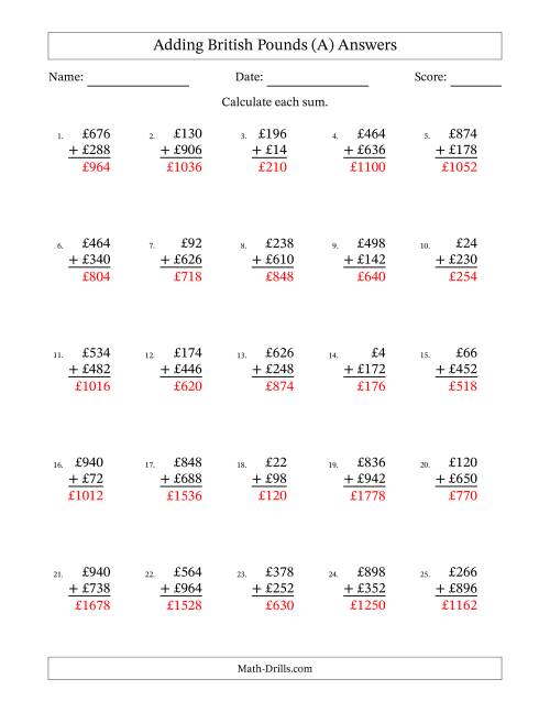 The Adding British Pounds With Amounts from 2 to 998 in Increments of Two Pounds (A) Math Worksheet Page 2