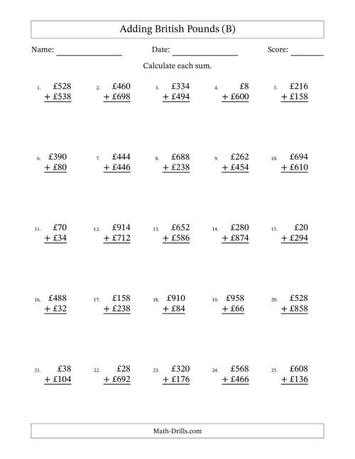 The Adding British Pounds With Amounts from 2 to 998 in Increments of Two Pounds (B) Math Worksheet