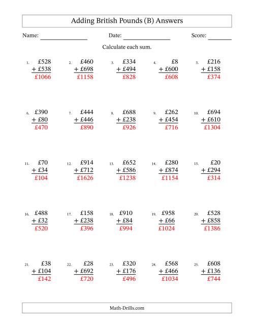 The Adding British Pounds With Amounts from 2 to 998 in Increments of Two Pounds (B) Math Worksheet Page 2