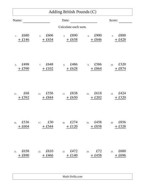 The Adding British Pounds With Amounts from 2 to 998 in Increments of Two Pounds (C) Math Worksheet