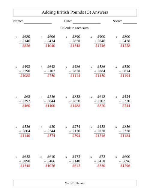 The Adding British Pounds With Amounts from 2 to 998 in Increments of Two Pounds (C) Math Worksheet Page 2