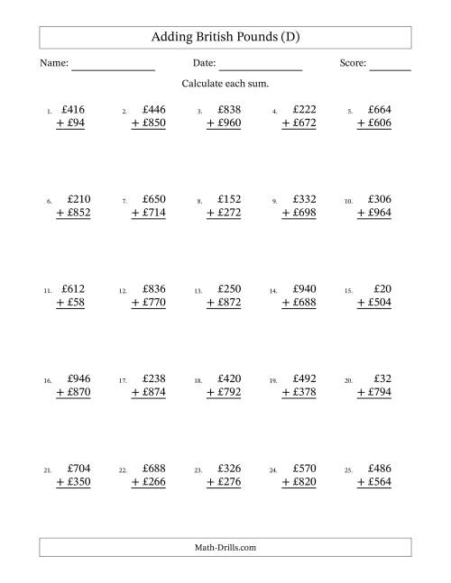 The Adding British Pounds With Amounts from 2 to 998 in Increments of Two Pounds (D) Math Worksheet