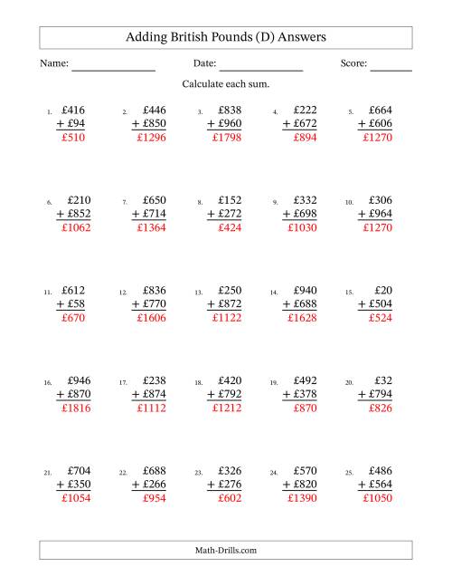 The Adding British Pounds With Amounts from 2 to 998 in Increments of Two Pounds (D) Math Worksheet Page 2