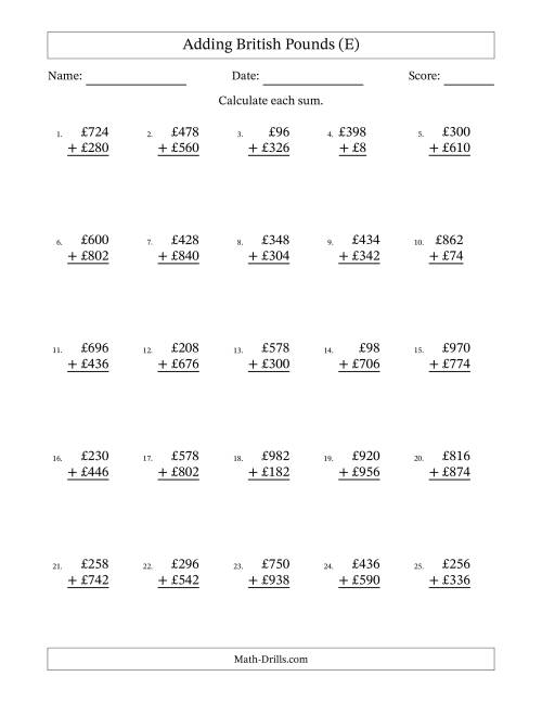 The Adding British Pounds With Amounts from 2 to 998 in Increments of Two Pounds (E) Math Worksheet