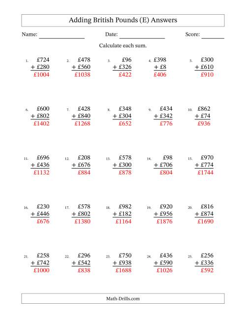 The Adding British Pounds With Amounts from 2 to 998 in Increments of Two Pounds (E) Math Worksheet Page 2