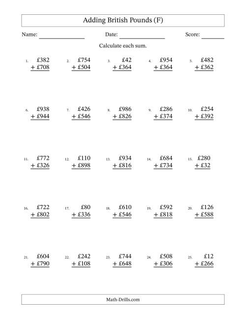 The Adding British Pounds With Amounts from 2 to 998 in Increments of Two Pounds (F) Math Worksheet