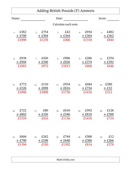 The Adding British Pounds With Amounts from 2 to 998 in Increments of Two Pounds (F) Math Worksheet Page 2