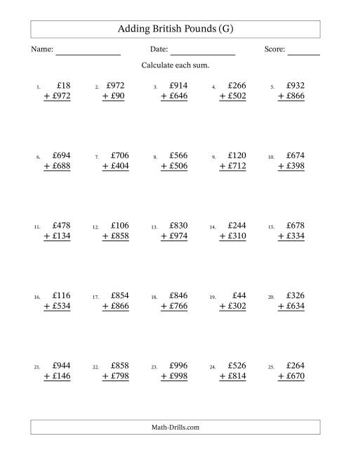 The Adding British Pounds With Amounts from 2 to 998 in Increments of Two Pounds (G) Math Worksheet