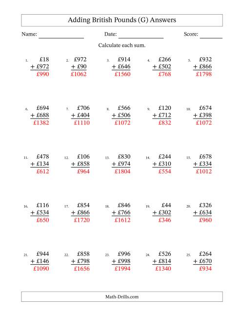 The Adding British Pounds With Amounts from 2 to 998 in Increments of Two Pounds (G) Math Worksheet Page 2