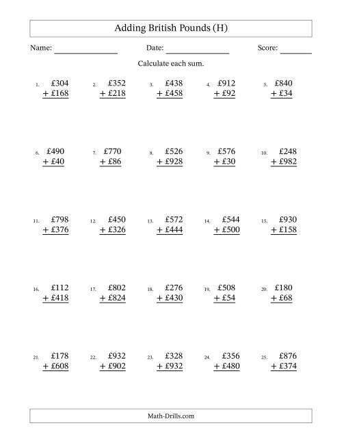 The Adding British Pounds With Amounts from 2 to 998 in Increments of Two Pounds (H) Math Worksheet