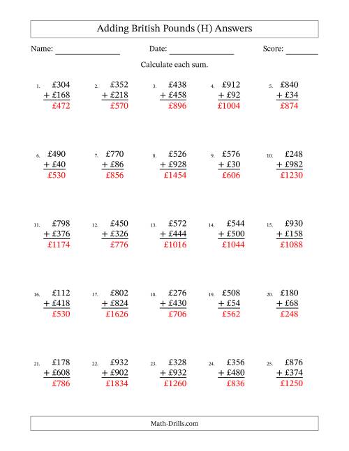 The Adding British Pounds With Amounts from 2 to 998 in Increments of Two Pounds (H) Math Worksheet Page 2