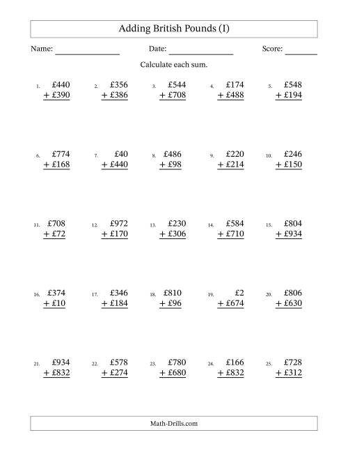 The Adding British Pounds With Amounts from 2 to 998 in Increments of Two Pounds (I) Math Worksheet