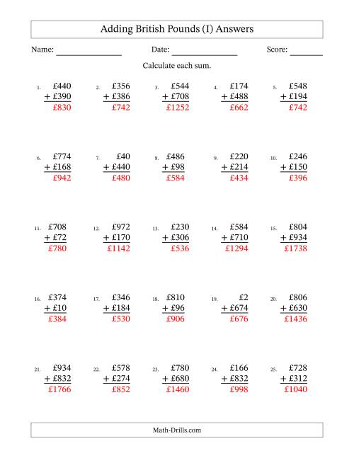 The Adding British Pounds With Amounts from 2 to 998 in Increments of Two Pounds (I) Math Worksheet Page 2