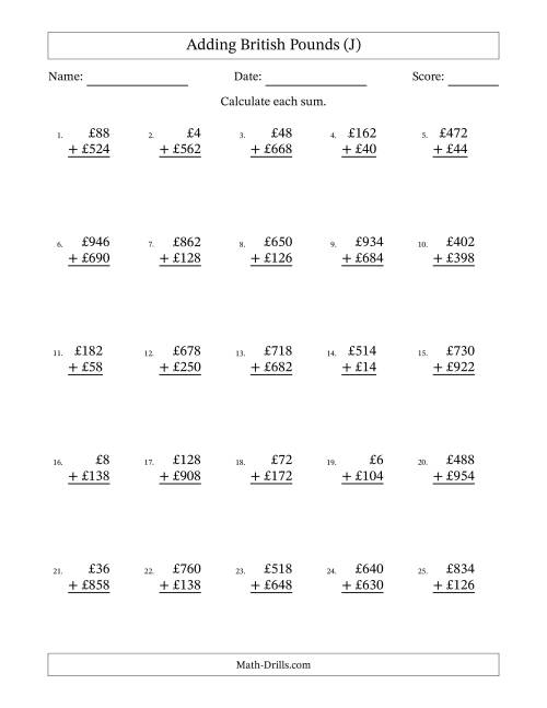 The Adding British Pounds With Amounts from 2 to 998 in Increments of Two Pounds (J) Math Worksheet