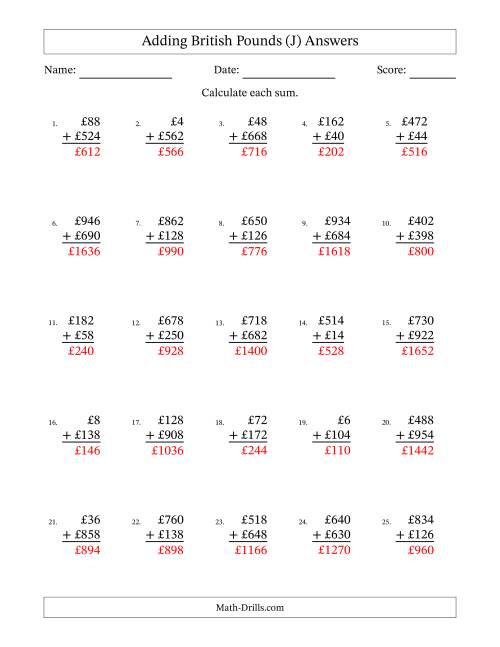 The Adding British Pounds With Amounts from 2 to 998 in Increments of Two Pounds (J) Math Worksheet Page 2