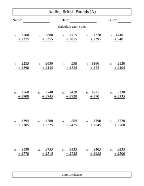 The Adding British Pounds With Amounts from 5 to 995 in Increments of Five Pounds (A) Math Worksheet