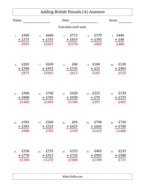 The Adding British Pounds With Amounts from 5 to 995 in Increments of Five Pounds (A) Math Worksheet Page 2