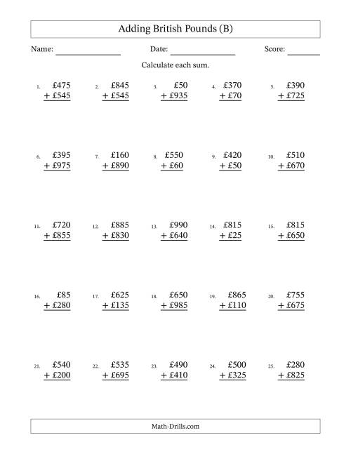 The Adding British Pounds With Amounts from 5 to 995 in Increments of Five Pounds (B) Math Worksheet