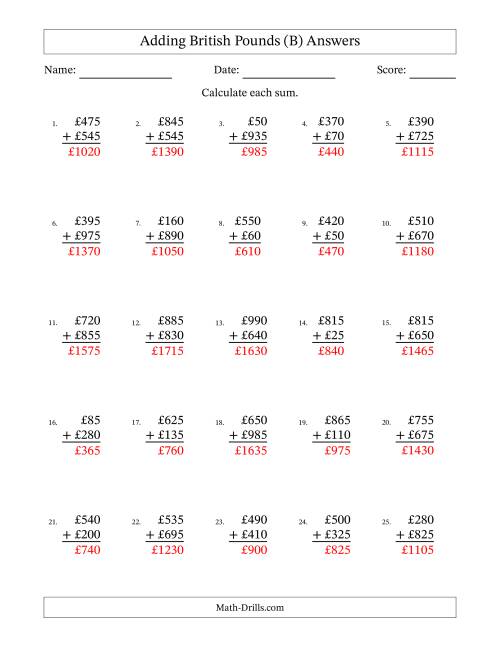 The Adding British Pounds With Amounts from 5 to 995 in Increments of Five Pounds (B) Math Worksheet Page 2