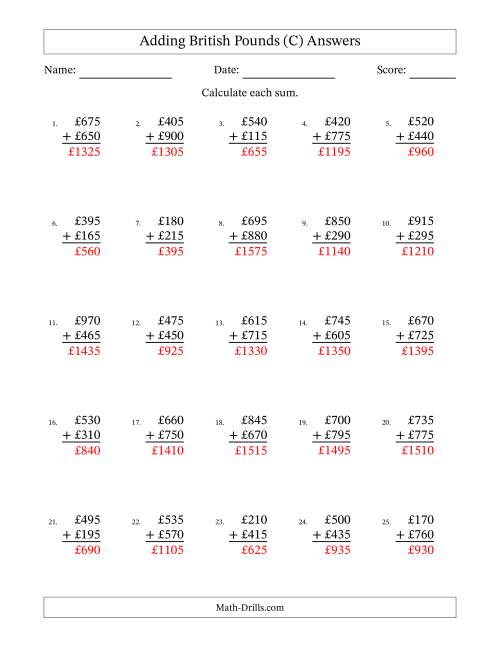 The Adding British Pounds With Amounts from 5 to 995 in Increments of Five Pounds (C) Math Worksheet Page 2