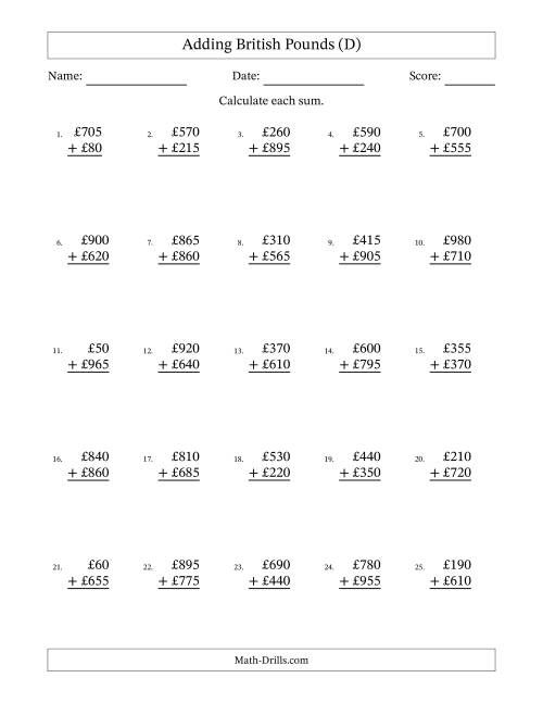 The Adding British Pounds With Amounts from 5 to 995 in Increments of Five Pounds (D) Math Worksheet