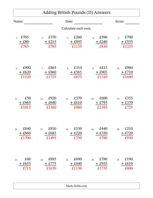 The Adding British Pounds With Amounts from 5 to 995 in Increments of Five Pounds (D) Math Worksheet Page 2