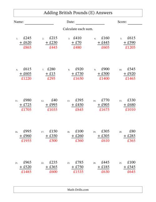 The Adding British Pounds With Amounts from 5 to 995 in Increments of Five Pounds (E) Math Worksheet Page 2