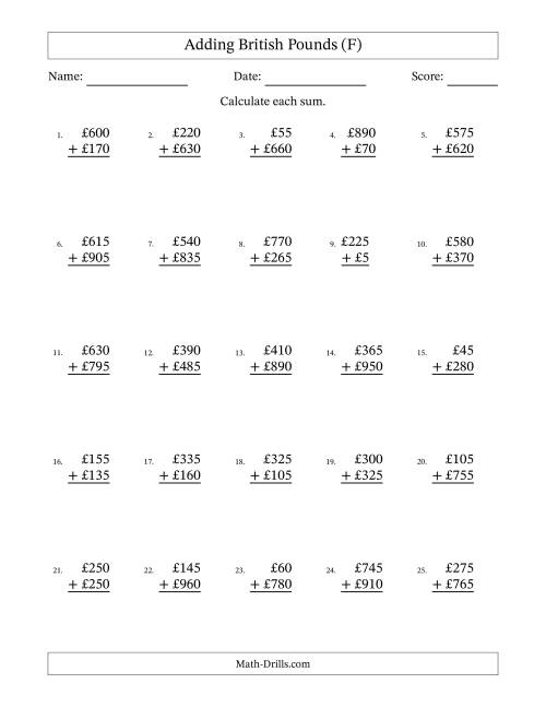 The Adding British Pounds With Amounts from 5 to 995 in Increments of Five Pounds (F) Math Worksheet