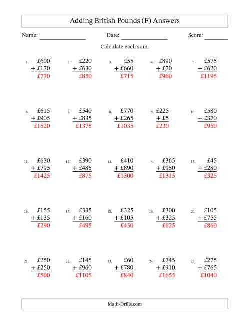 The Adding British Pounds With Amounts from 5 to 995 in Increments of Five Pounds (F) Math Worksheet Page 2