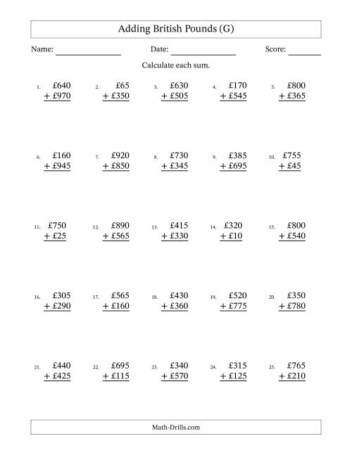 The Adding British Pounds With Amounts from 5 to 995 in Increments of Five Pounds (G) Math Worksheet